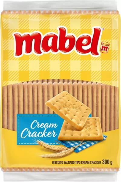 Pacote amarelo de bolachas salgadas tipo cream cracker da marca Mabel