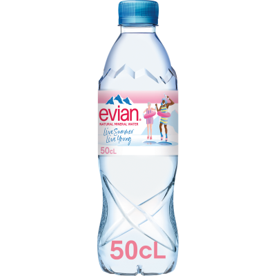 Garrafa de água mineral Evian 50 cL com etiqueta e tampa azul