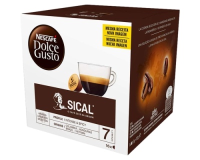 Caixa de cápsulas de café Nescafé Dolce Gusto Sical castanha e amarela