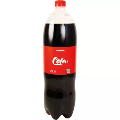 Garrafa de refrigerante cola de 2 litros com rótulo vermelho e texto branco.