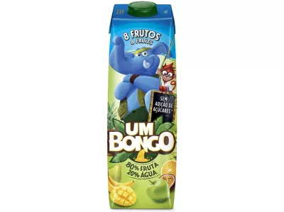 Embalagem de sumo Um Bongo com frutas e personagens de desenho animado