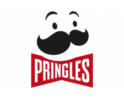 Logótipo dos Pringles com rosto estilizado e texto PRINGLES no laço vermelho.