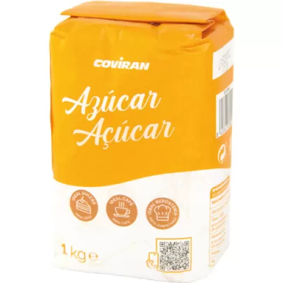 Pacote rectangular de açúcar COVIRAN, amarelo e branco, 1 kg