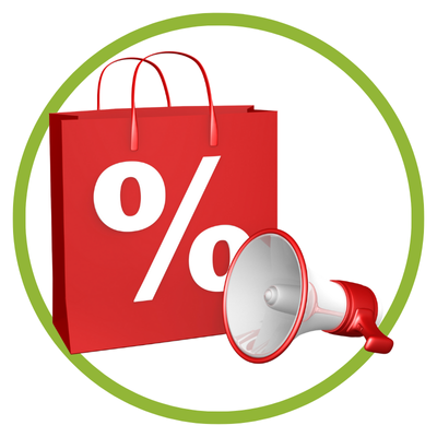 Saco de compras vermelho com símbolo de percentagem e megafone vermelho