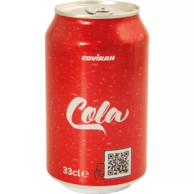 Lata vermelha de refrigerante Coviran Cola 33cl com código QR