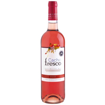 Garrafa de vinho rosé Cacho fresco com rótulo branco e tampa vermelha