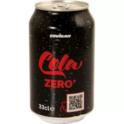 Lata preta de Cola Zero Coviran 33 cl com texto vermelho e QR code