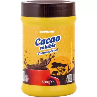Recipiente amarelo de Cacao Soluble Coviran com tampa castanha e chávena vermelha
