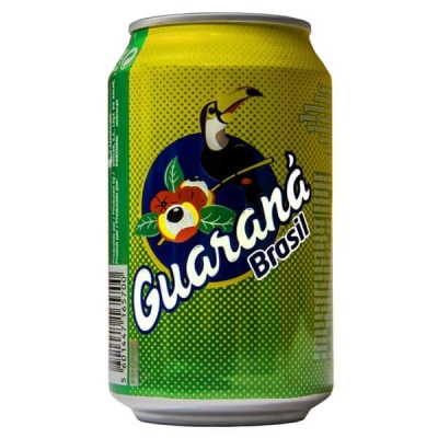 Lata de refrigerante Guaraná Brasil amarelo e verde com tucano e frutos de guaraná