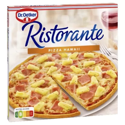 Embalagem de pizza congelada Dr. Oetker Ristorante Pizza Hawaii com fatias de fiambre e ananás