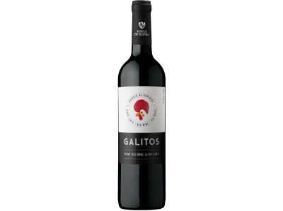 Garrafa de vinho tinto Galitos com rótulo branco e preto.