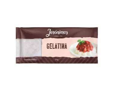 Pacote de gelatina Jerónimos com 5 folhas em embalagem castanha e creme
