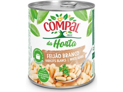 Lata de feijão branco Compal da Horta com rótulo branco e verde