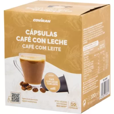 Caixa de cápsulas de café com leite Coviran com imagem de café e grãos