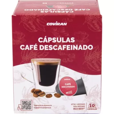 Embalagem de cápsulas de café descafeinado Coviran com 10 unidades e imagem de uma chávena de café.