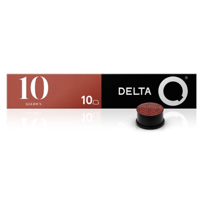 Caixa de cápsulas de café DELTA Q e cápsula preta com tampa vermelha