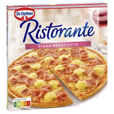 Embalagem de pizza Dr. Oetker Ristorante Pizza Prosciutto com imagem de pizza de presunto e queijo