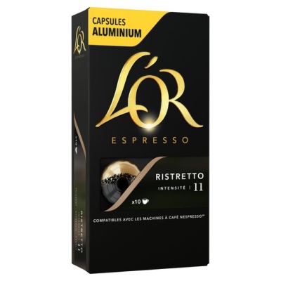 Caixa preta de cápsulas de café L'OR Espresso Ristretto com texto dourado