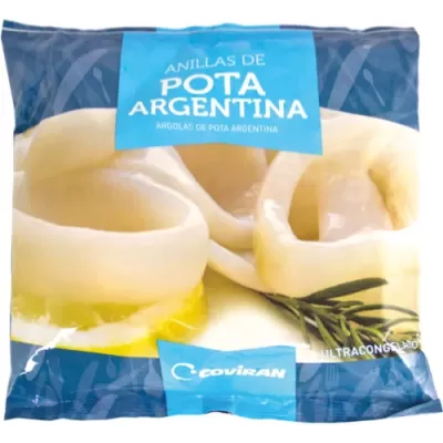 Embalagem de anilhas de pota Argentina azul e branca com texto e imagem do produto