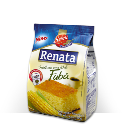 Embalagem de mistura para bolo Renata Fubá de 400g com imagem de milho e bolo