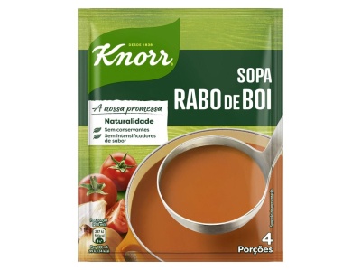 Embalagem verde de sopa Knorr Rabo de Boi com colher e tomates
