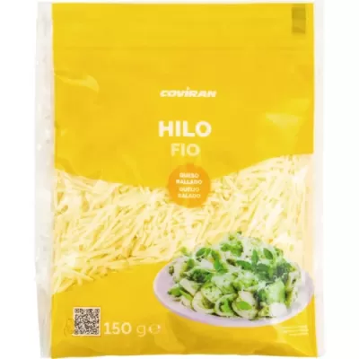 Pacote amarelo de massa seca Coviran tipo fio, 150 g, com imagem de prato preparado