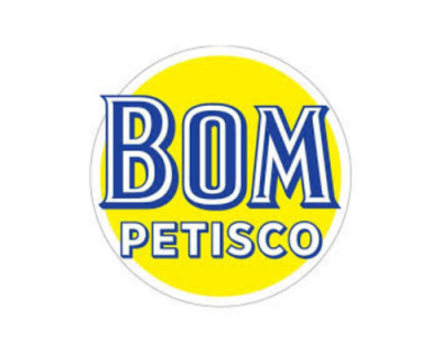 Logótipo circular com texto BOM PETISCO em azul e branco sobre fundo amarelo