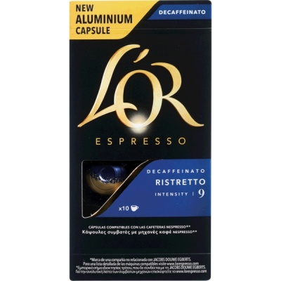 Embalagem preta com dourado e azul de cápsulas de café L'Or Espresso Decaffeinato Ristretto