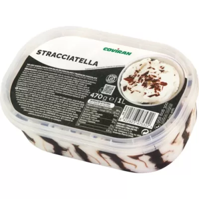 Caixa de gelado stracciatella Coviran com 470 g e 1 L em embalagem de plástico transparente com tampa preta