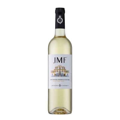 Garafa de vinho branco JMF com rótulo branco e ilustração de casa amarela