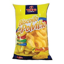 Pacote amarelo de biscoito de polvilho com sabor queijo e marca TROOP
