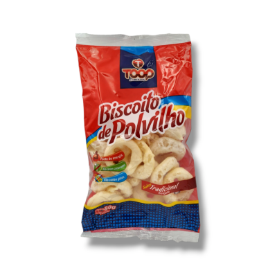 Pacote de Biscoito de Polvilho Toop vermelho, azul e branco com texto informativo e imagem do produto