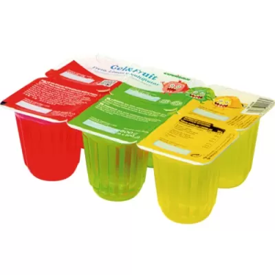 Pack de gelatinas com três copos coloridos e tampas impressas.