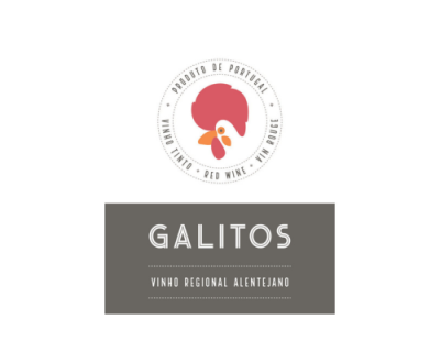 Etiqueta de vinho 'GALITOS' com texto em português e cores rosa, bege e cinzento