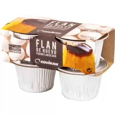Pack de dois flans de ovo Coviran em embalagens de alumínio com rótulo preto
