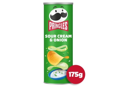 Embalagem cilíndrica verde de Pringles Sour Cream & Onion com selo 175g