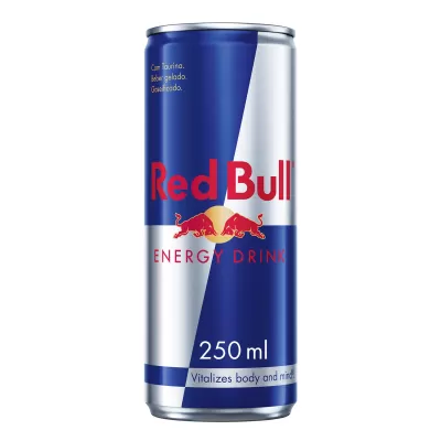 Lata azul, prateada e vermelha de bebida energética Red Bull