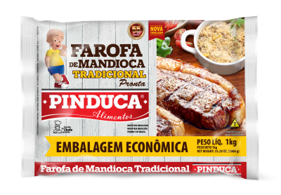 Pacote de Farofa de Mandioca Tradicional Pinduca 1kg com figura de bife e farofa