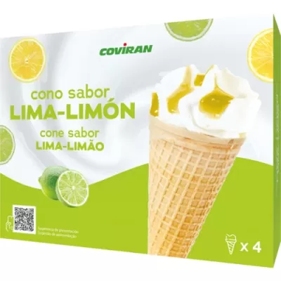 Embalagem de gelado cone sabor lima-limão da Coviran com imagem do gelado e fatias de limão e lima