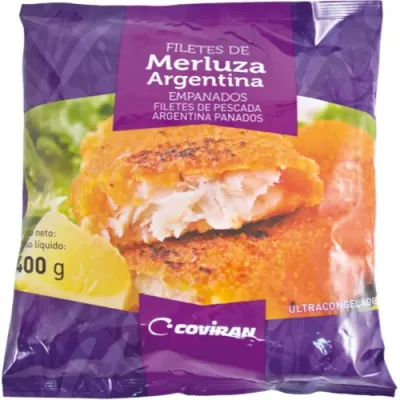 Pacote roxo de filetes de merluza argentina empanados 400g da Coviran com imagem do produto.