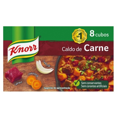 Embalagem verde e vermelha de cubos de caldo de carne Knorr com imagem de prato e ingredientes