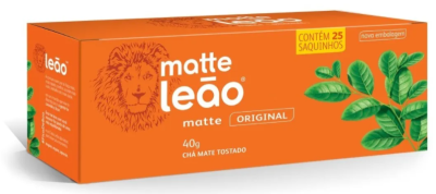 Caixa de chá mate leão original mate laranja com ilustração de leão e folhas verdes
