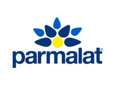Logotipo da Parmalat com texto azul e símbolo colorido.