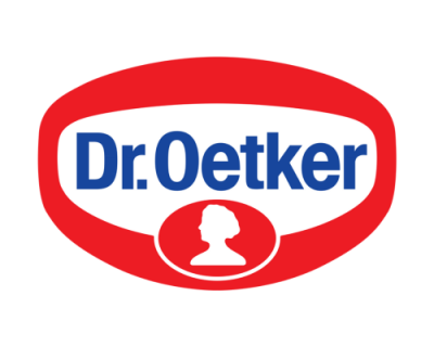Logótipo Dr. Oetker vermelho, branco e azul com silhueta de perfil