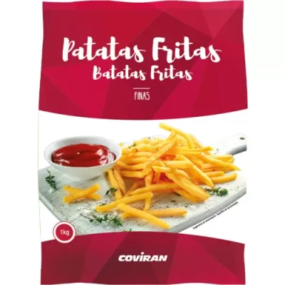Embalagem vermelha e branca de batatas fritas finas com imagem de batatas e ketchup