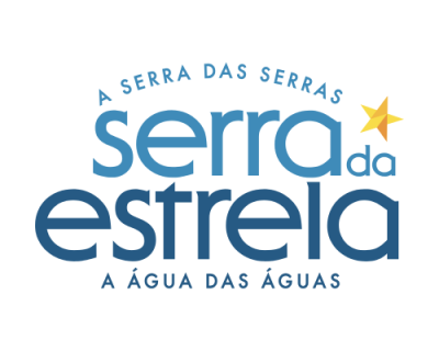 Logotipo azul e amarelo com texto 'serra da estrela' e estrela amarela
