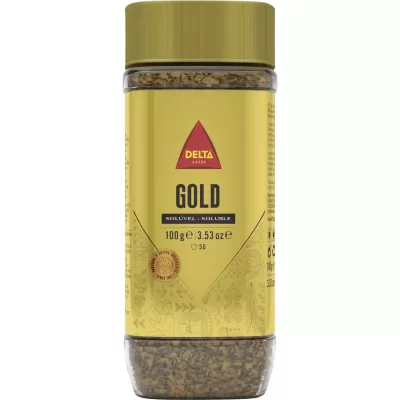 Frasco de café instantâneo Delta Gold 100g com tampa dourada