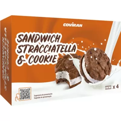 Embalagem laranja de Sandwich Stracciatella & Cookie Coviran com imagem de gelados cookie