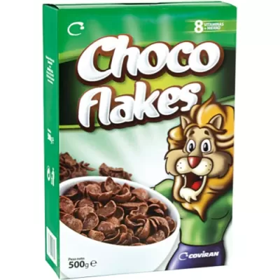 Caixa verde de cereais Choco Flakes com tigre animado e flocos de chocolate.