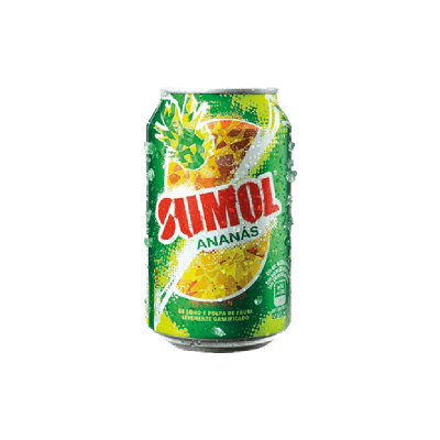 Lata verde de sumo Sumol sabor Ananás com ananás ilustrado